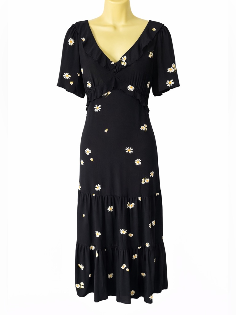Madewell Lazy Daisy Ruffle Tiered Maxi Dress Size 6  Black Floral Feminine